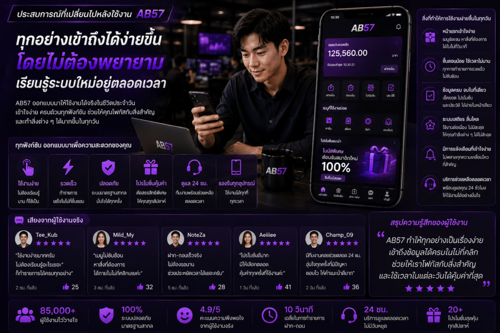 ประสบการณ์ที่เปลี่ยนไปหลังใช้งาน AB57 ต่อเนื่อง คือความรู้สึกว่าทุกอย่างเข้าถึงได้ง่ายขึ้นโดยไม่ต้องพยายามเรียนรู้ระบบใหม่อยู่ตลอดเวลา